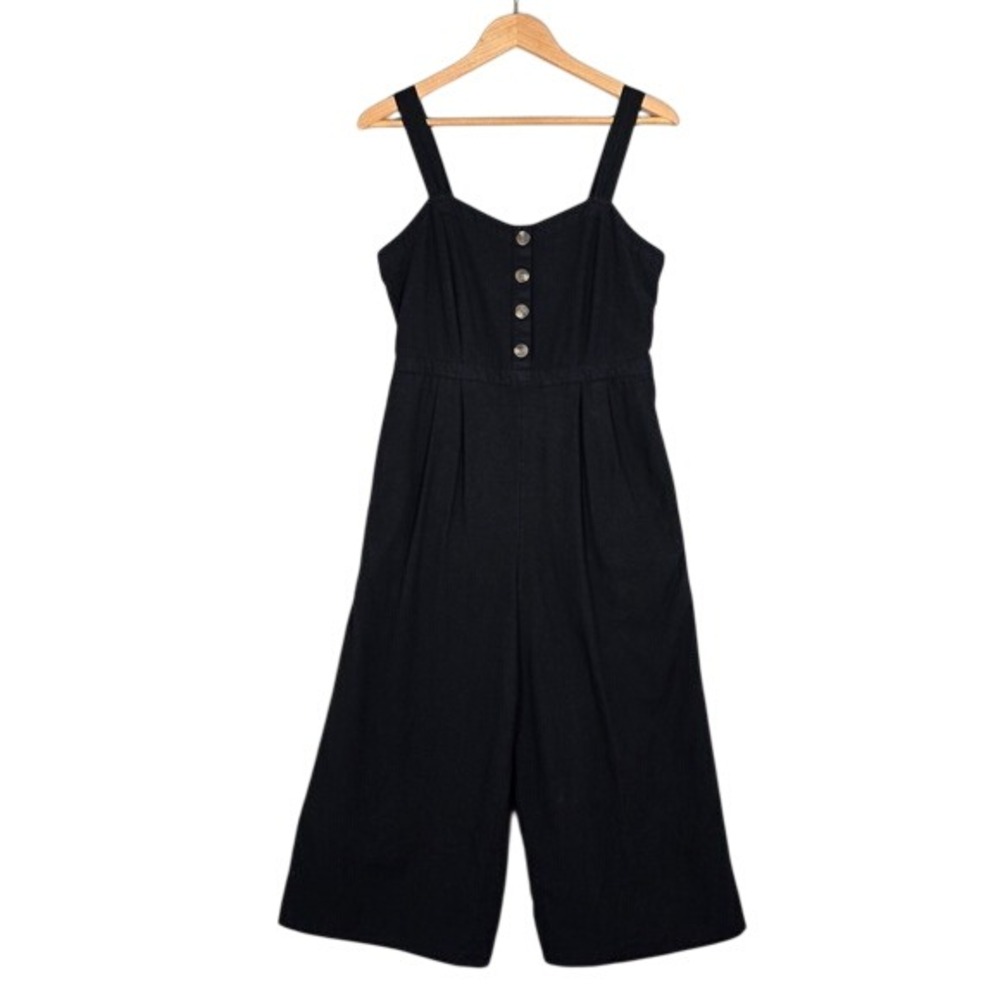 American Eagle Outfitters Black Cotton Linen Button Front Wide Leg Jumpsuit M